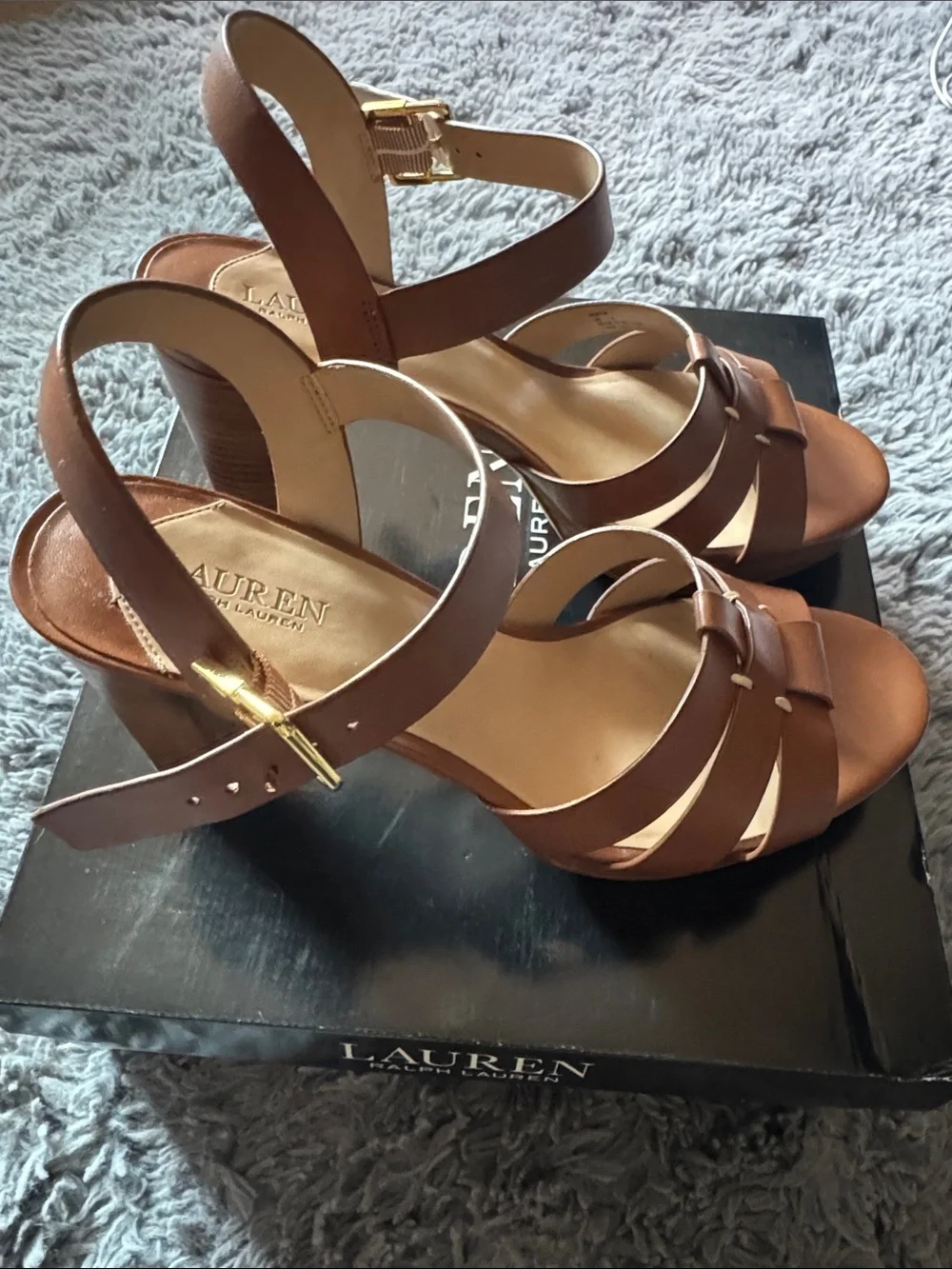 Lauren Ralph Lauren Soffia Tan Leather Strappy Block Heel Sandals Size 9